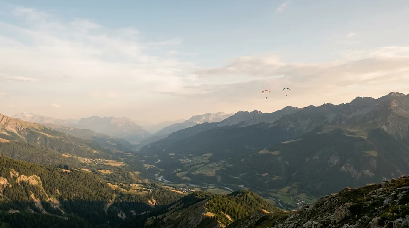 Two paragliders above a broad valley at golden hour, mountains beyond.