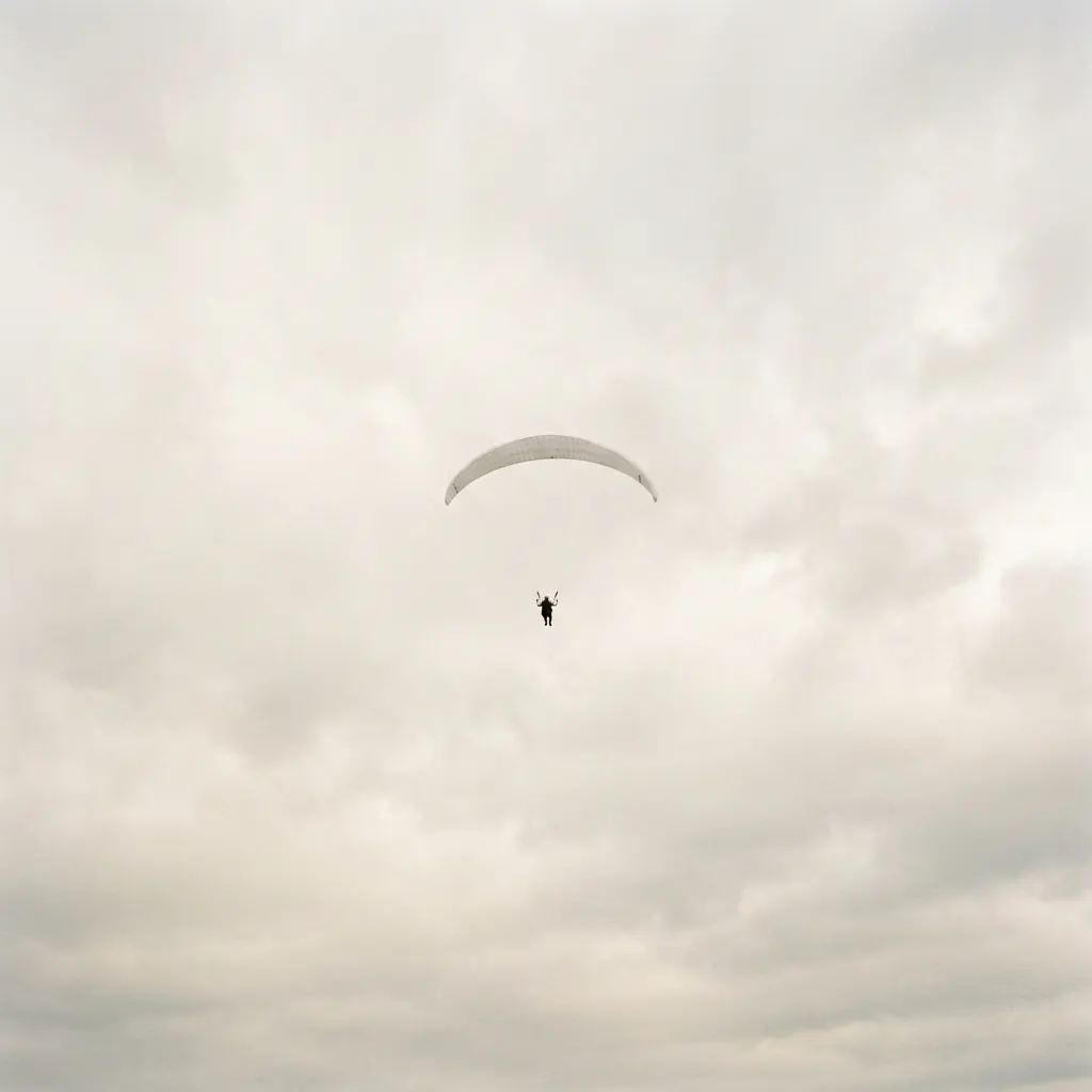 A parachute canopy open against clear sky.